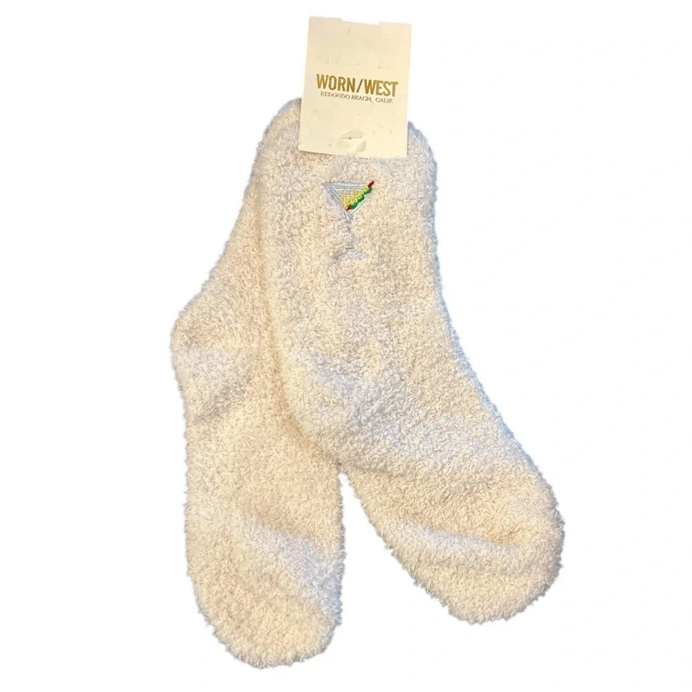 NWT Worn West Anthropologie Cozy Embroidered Martini Icon Fuzzy Socks